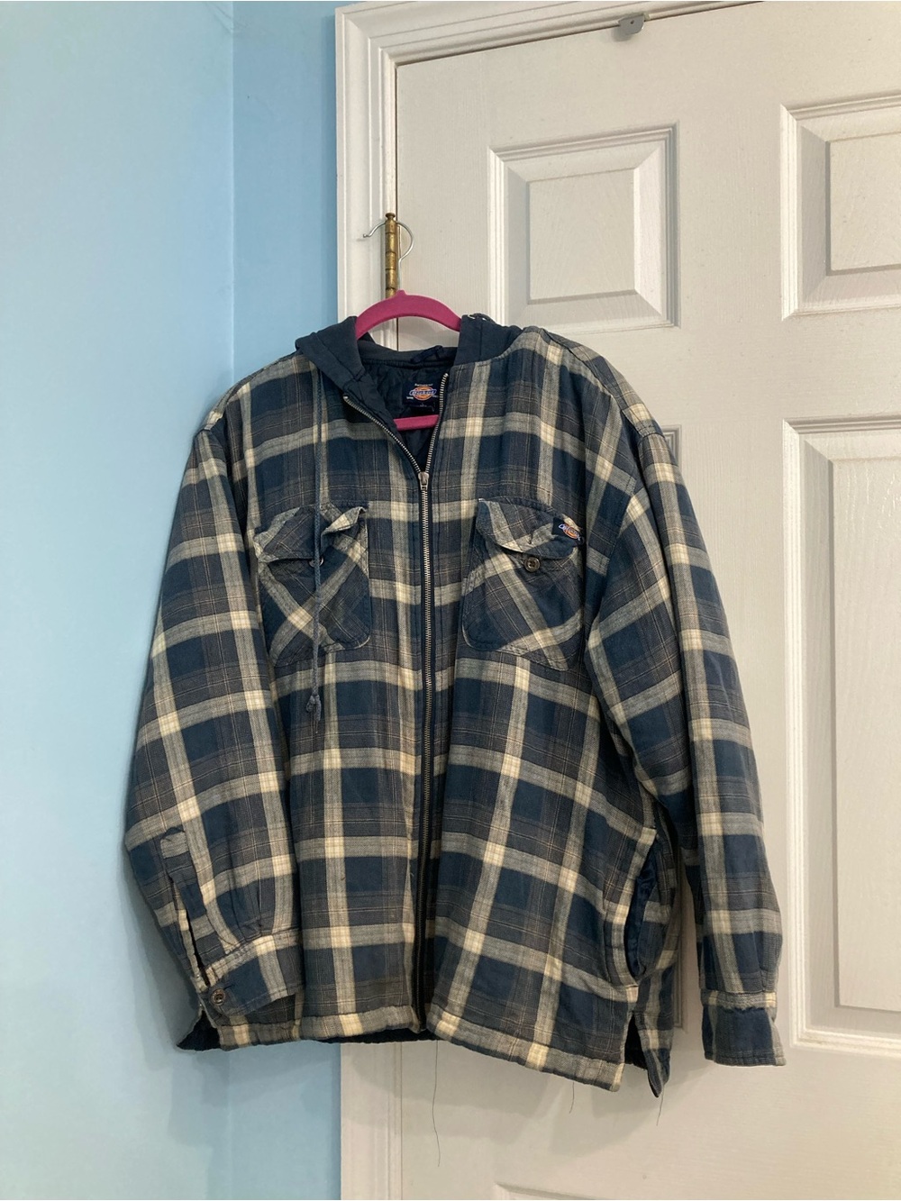 Dickies Blue and Cream Plaid Hooded Shirt Jacket